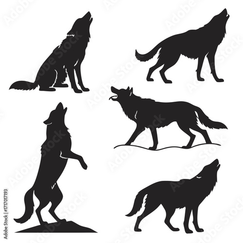 Five Silhouette Wolves in Various Poses on White Background