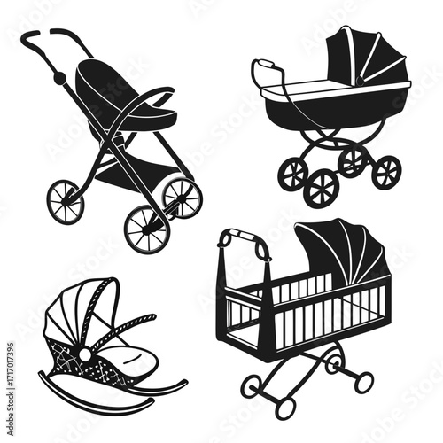 Four Baby Transport Silhouettes Including Stroller and Cribs