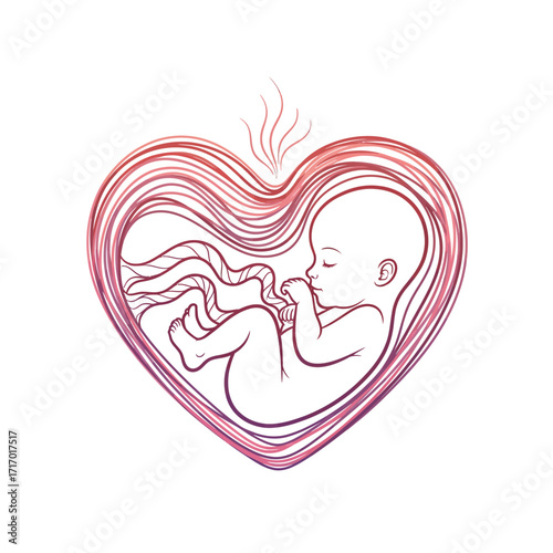 Artistic illustration of a fetus inside a heart-shaped womb, symbolizing life and love.