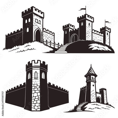 Four Black Silhouette Medieval Castles On Hills fortress