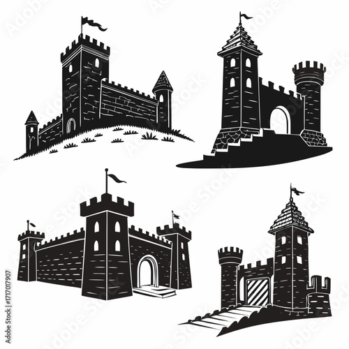 Four Black Silhouettes Of Medieval Castles With Flags And Gates