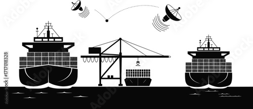 Shipping port with cargo ships, container crane, satellite communication, maritime logistics, import export, freight transport, digital shipping illustration