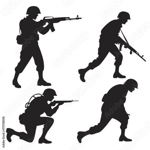 Four Soldier Silhouettes in Combat Poses soldiers military
