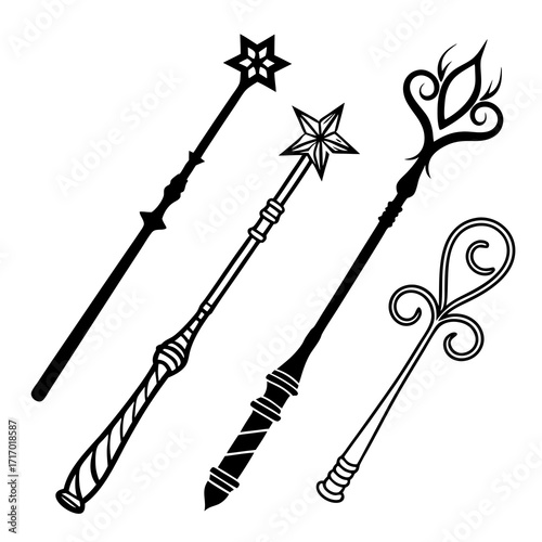 Four Stylized Magic Wands in Silhouette and Outline