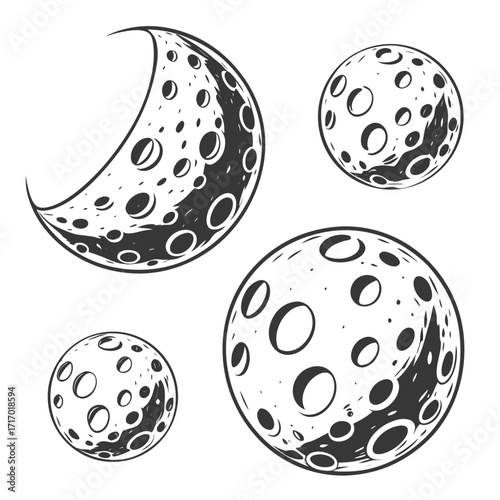 Four Stylized Illustrations of the Moon lunar crescent