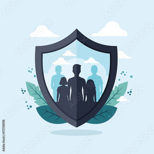 A stylized illustration depicting a family protected within a shield, symbolizing safety and security.