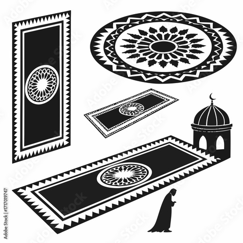 Islamic Prayer Rugs, Mosque And Woman Worshipper Silhouette Keywords: islamic, muslim, prayer
