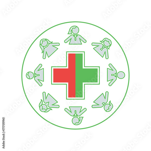 Women healthcare professionals surrounding a medical cross symbol.