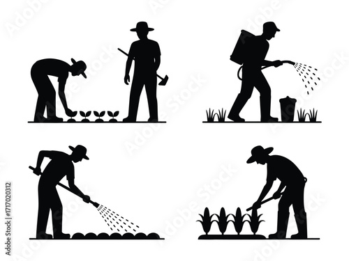 Agricultural workers tending crops and spraying pesticides agriculture farming