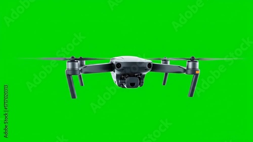 Modern quadcopter drone flying against a green screen background for easy editing.