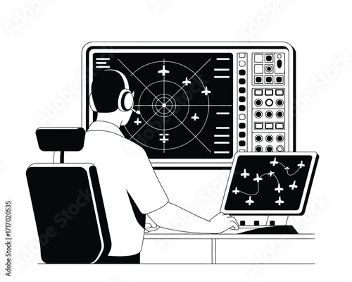 Air traffic controller monitoring radar screens aircraft operator