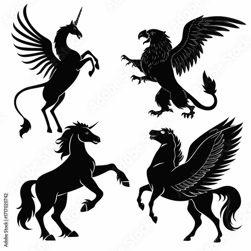 Mythical Creatures Silhouettes Unicorn Pegasus Griffin