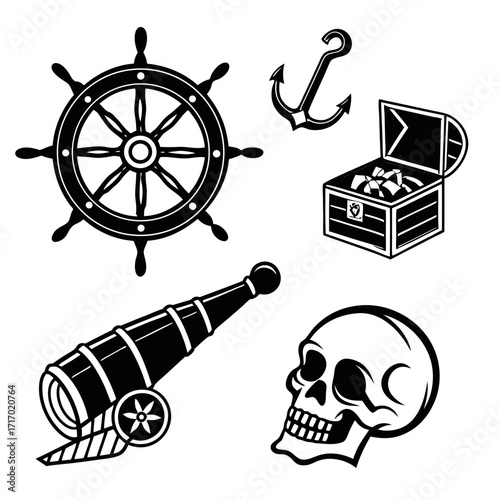 Nautical Pirate Icons Ship Wheel Anchor Treasure Chest Spyglass Skull