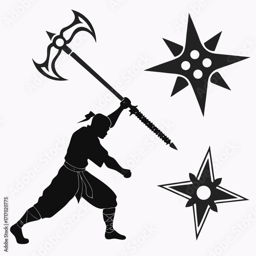 Ninja warrior with axe and shuriken on white background