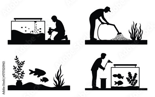 Aquarium maintenance and fish care silhouettes cleaning