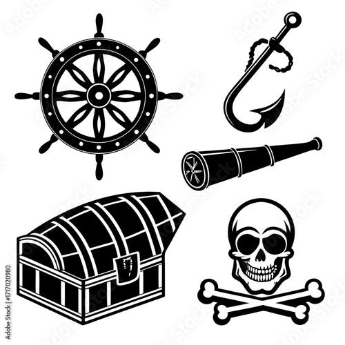 Pirate treasure icons ship wheel anchor spyglass and skull