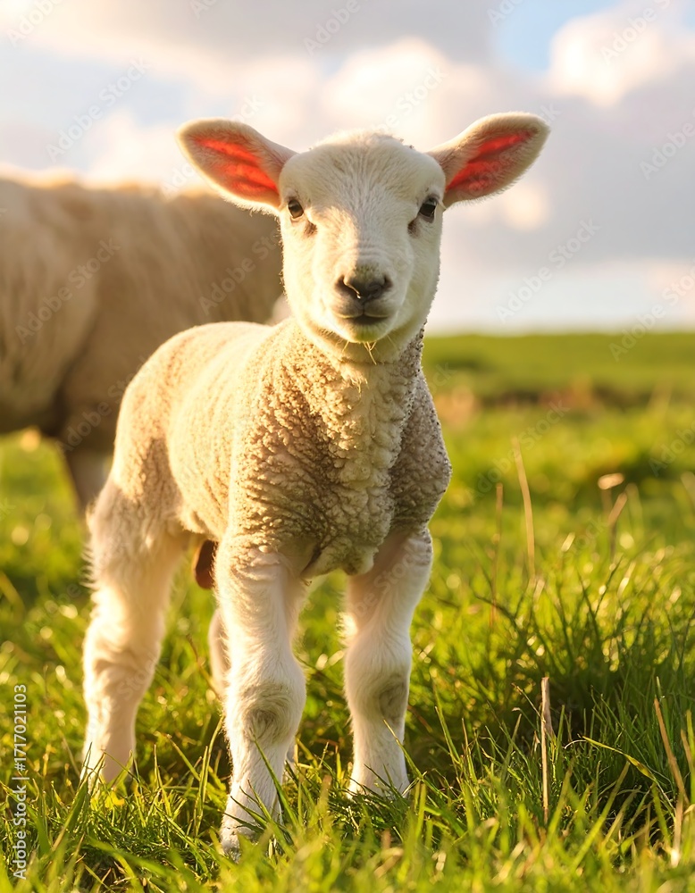 Fototapeta premium A lamb in a grassy field, bathed in sunlight