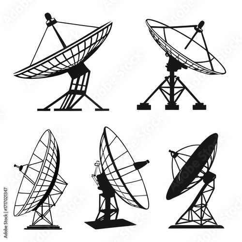 Set of five satellite dish silhouettes on white background