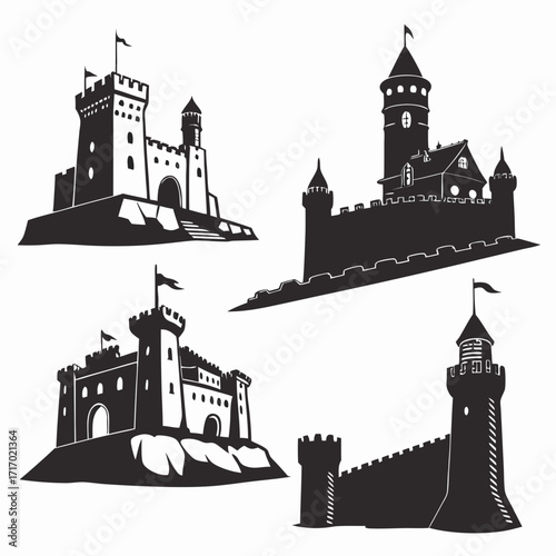 Set Of Four Black Silhouettes Of European Castles On Hills