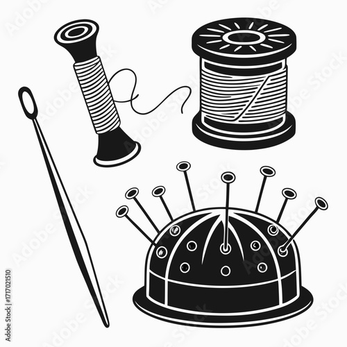 Sewing Tools Silhouette with Needle and Thread Spools