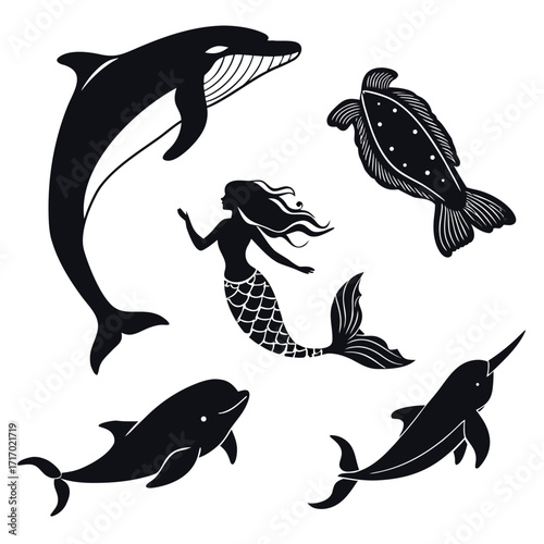 Silhouette marine life with mermaid and dolphin narwhal