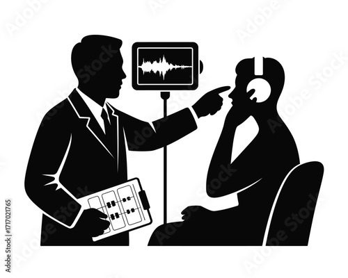 Audiologist examining patient with headphones and waveform display examination hearing test