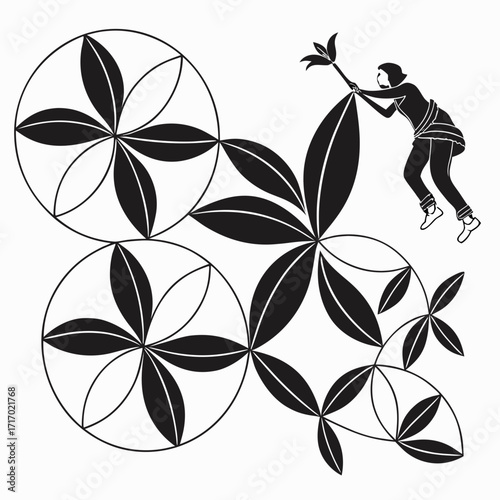 Silhouette of a person interacting with geometric floral patterns