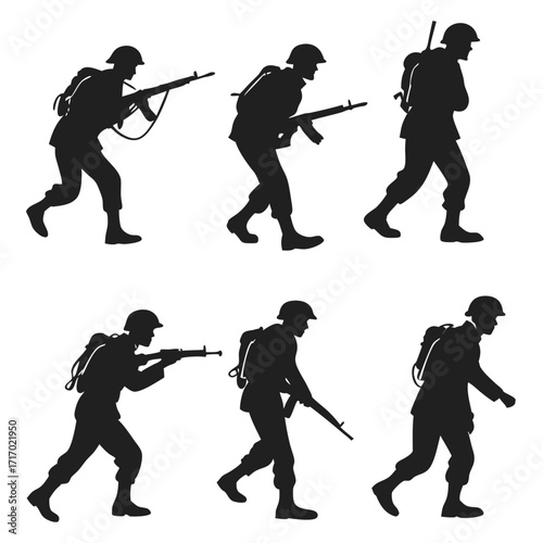 Silhouette soldiers in action with rifles on white background