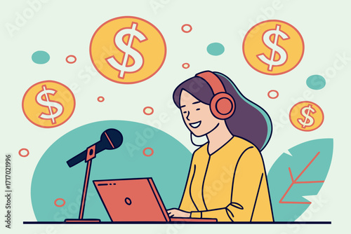 Woman podcasting with laptop microphone and dollar signs around her