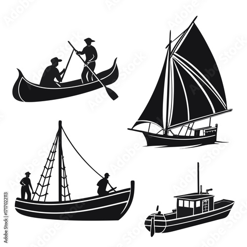 Silhouettes of four diverse boats and people on water