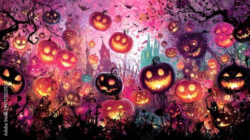 Vibrant and colorful halloween illustration with numerous grinning jackolanterns floating in a magical, dreamlike setting