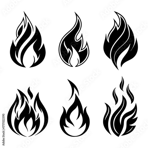 Six black and white stylized flame icons for design