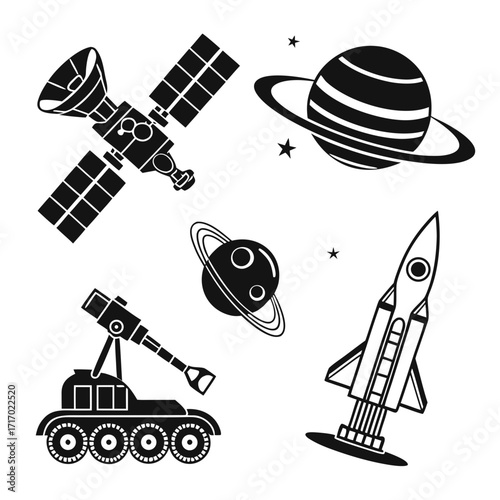 Space icons with satellite, planets, rocket and rover