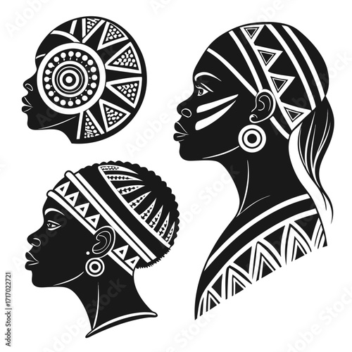 Three African Women Silhouettes with Tribal Patterns