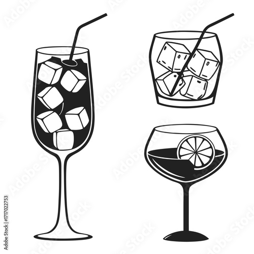 Three Black And White Illustrations Of Cocktails With Ice And Garnish