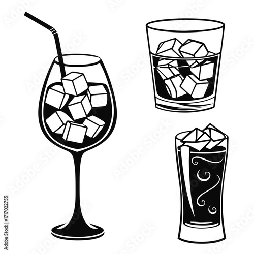 Three Black And White Illustrations Of Refreshing Drinks With Ice