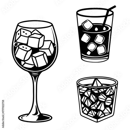 Three Glasses With Ice Cubes And Drinks beverage