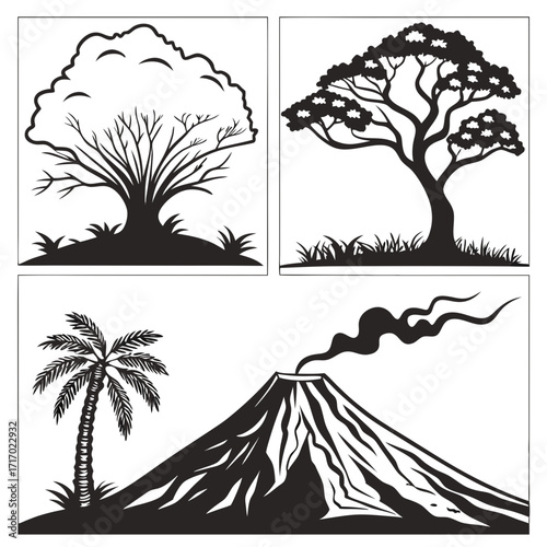 Trees and volcano silhouettes on white background Keywords: tree, bare tree, deciduous tree, palm