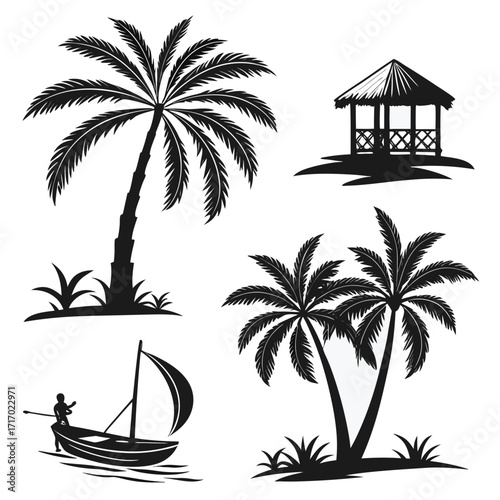 Tropical Beach Scene Silhouettes with Palm Trees and Boat