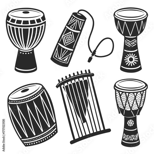 Variety of African Drums and Percussion Instruments