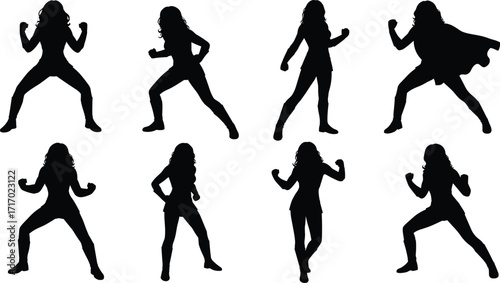 Female superhero silhouette illustration, strong woman power pose, feminist hero character design, comic book style, girl strength, superwoman action artwork