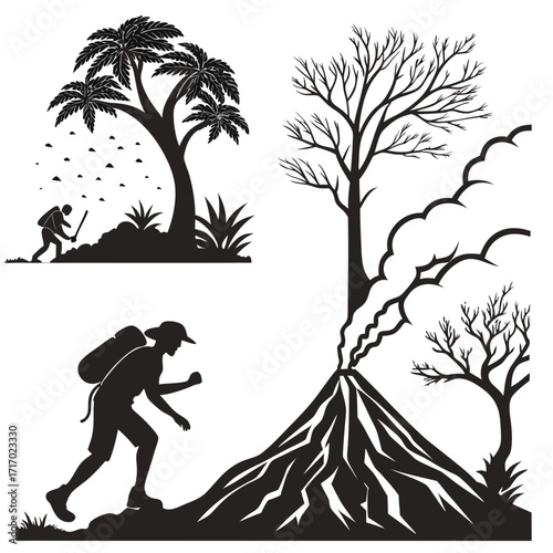 Volcano eruption and hikers silhouettes on white background Keywords: volcano, eruption, smoke