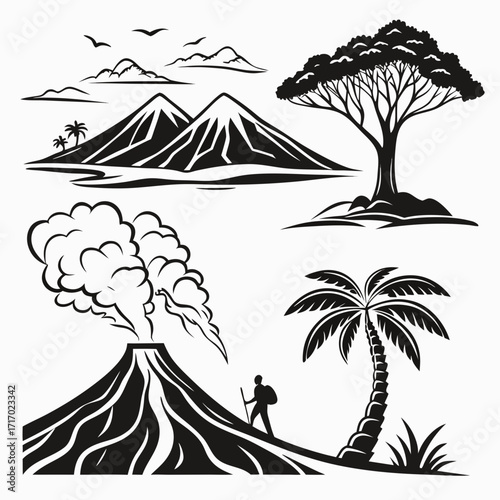 Volcano eruption with hiker and tropical elements Keywords: volcano, eruption, smoke, ash