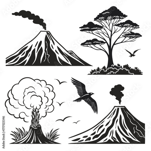 Volcanoes and African Savanna Elements on White Background Keywords: volcano, eruption, smoke