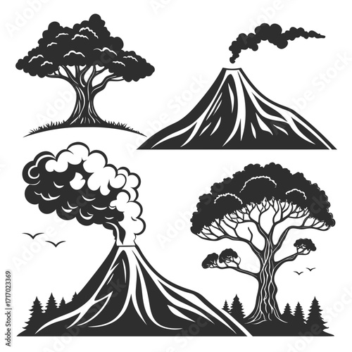 Volcanoes and Trees in Black and White Silhouettes