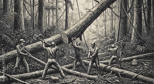Forest logging crew moving fallen tree