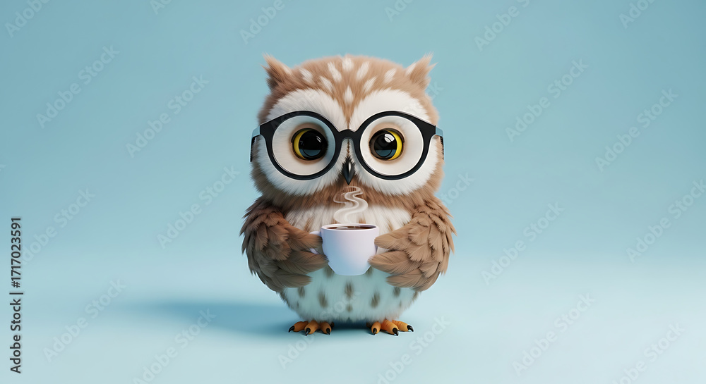 Naklejka premium Cute cartoon owl with glasses holding a steaming cup of coffee against a soft blue background for a cozy and whimsical feel