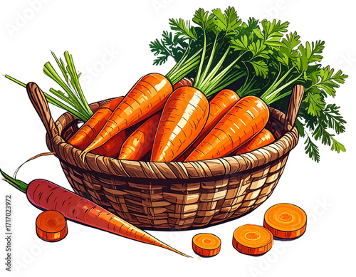  Colorful Carrot Sketch with Basket, Roots, and Round Slices in Transparent PNG