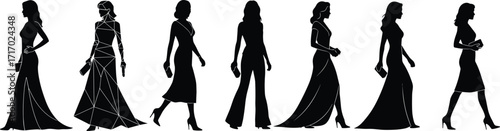 Fashion women silhouettes walking in elegant dresses, evening gowns, modern outfit illustration, stylish female models, luxury glamour style vector design