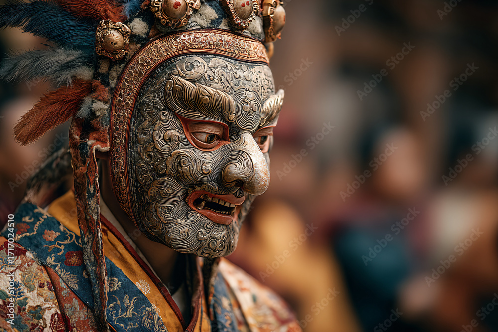 Obraz premium Intricate mask with fierce expression, ornate robes with bright colors. Shallow depth of field focusing on the dancer, blurred background of spectators.